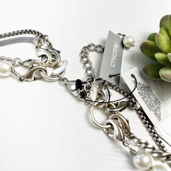 NEW Chico's Silver Chain & Faux Pearl Convertible Layered Necklace - Picture 8 of 8
